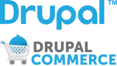 Logo Drupal, darunter das Logo von DRUPAL COMMERCE
